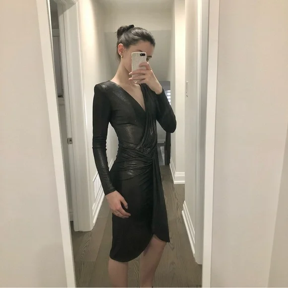 Guess Marciano | Black Metallic Silver Midi Wrap Dress NWOT - Picture 2 of 11